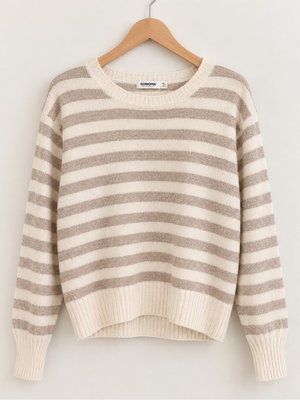 SONOMA Cream and Taupe Striped Crewneck Sweater